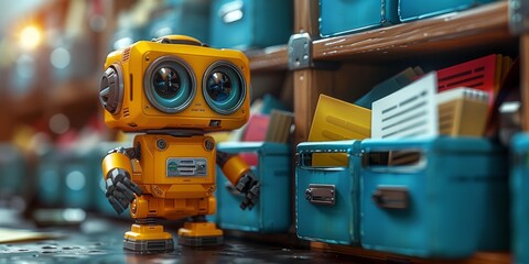 A cute, stylized 3D rendering of a tiny, determined robot efficiently organizing a giant, colorful filing cabinet filled with oversized, playful documents