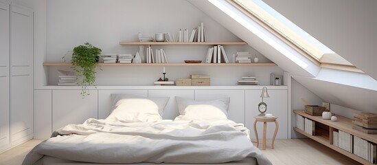 A bedroom in a house with a wooden bed frame, shelves, and a skylight letting in natural light, creating a cozy and bright space