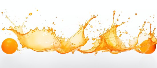A macro photography art piece capturing the fluid and amber liquid of orange juice with oranges in...