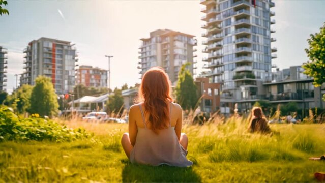 Behind a woman in a dress sitting on the lawn of an urban park, a woman with rest, a woman with nature.