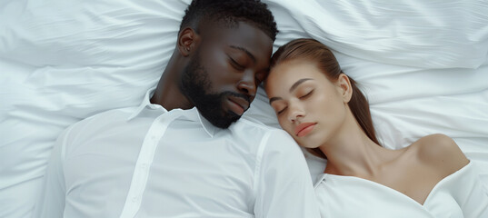 Tranquil multiracial couple in white attire asleep on bed with copy space