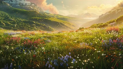 A verdant green meadow stretching to the horizon, dotted with colorful wildflowers and bathed in...