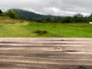 Brown wooden terrace in front of plant and meadow on the mountain under cloudy sky. Real nature of countryside with sunset in the evening.
