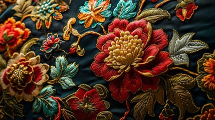 close up of embroidered flowers on a dark blue silk fabric