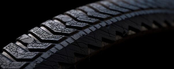 Closeup of damaged rubber tire from car isolated on black background 