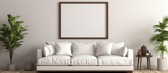 A cozy living room with a white couch made of comfortable textile and a rectangular picture frame hanging on the wooden wall - Powered by Adobe