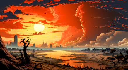 Apocalyptic Sunset Skyline with Dramatic Clouds