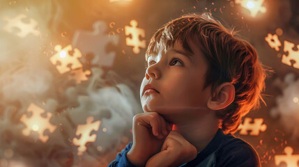 Glowing puzzle pieces, how thoughts and ideas revolve around the head of a child with autism syndrome - Powered by Adobe