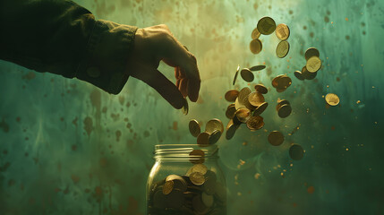 Hand dropping coins into 'Savings' jar against falling stocks, symbolizing financial resilience. - obrazy, fototapety, plakaty