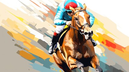 Horse is running in race with jockey on its back - obrazy, fototapety, plakaty