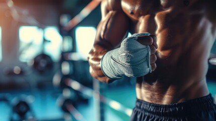 Fototapeta na wymiar Focused shot on a boxer’s wrapped hand, poised for training in a gym setting, evoking determination and strength