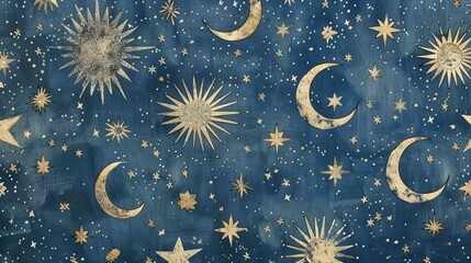 Obraz na płótnie Canvas A whimsical pattern of stars and moons in shades of silver and gold, twinkling against a deep blue night sky background.