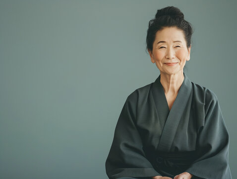 An elderly woman with a serene expression wearing a traditional kimono, with a soft smile on a grey background.
