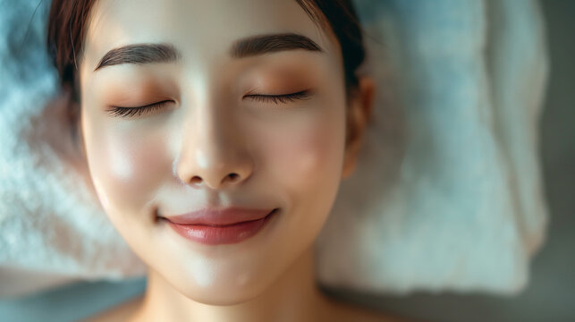 A close-up image of a woman's face with closed eyes, likely enjoying a moment of relaxation or a skincare treatment.
