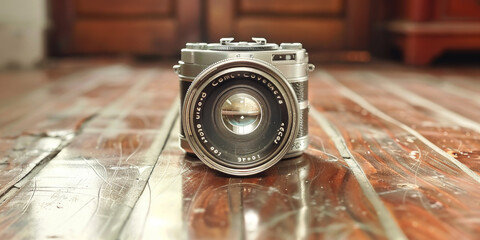 A classic vintage camera rests on a polished wooden surface, symbolizing timeless photography.
