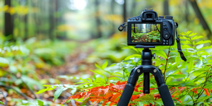 A DSLR camera mounted on a tripod in a forest capturing the vibrant colors of autumn foliage.
