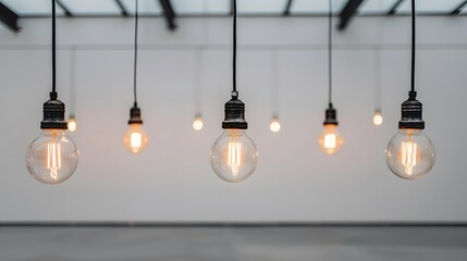lightbulbs wire hang in front of a white wall