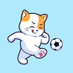 Cute cat playing soccer or football cartoon vector icon illustration. Flat style animal cartoon logo