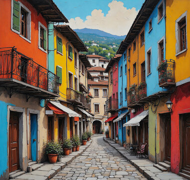 Old town street with old buildings and cobblestone road under a clear sky illustration, Turkish village. Generative ai