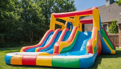 Fototapeta na wymiar Vibrant backyard kid bouncy castle water slide - inflatable bounce house & splash pool playset