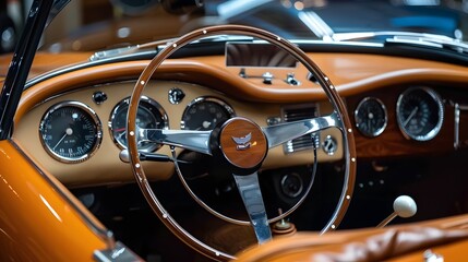 Wooden and steel steering wheel in luxury retro cabriolet car with beige leather interior parked in...