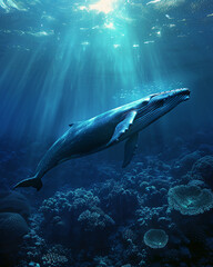 Blue whale, vast ocean, recovery from endangered status, peacefully swimming within a coral reef Realistic, Sunlight, HDR