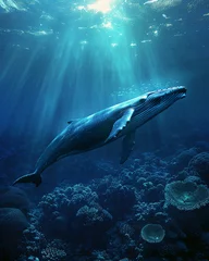 Foto op Plexiglas Blue whale, vast ocean, recovery from endangered status, peacefully swimming within a coral reef Realistic, Sunlight, HDR © Milagro