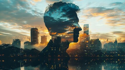 Double exposure photography merging cityscape with businessman symbolizing corporate success in urban environment - obrazy, fototapety, plakaty