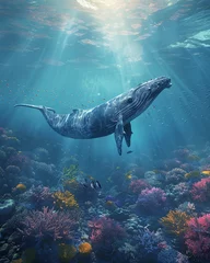 Foto op Plexiglas Blue whale, vast ocean, recovery from endangered status, peacefully swimming within a coral reef Realistic, Sunlight, HDR © elbanco