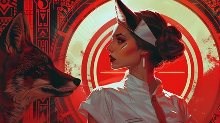 Elegant Fox Nurse in Art Deco Inspired Luxury Uniform Headband Portrait