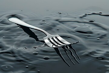 Floating Fork in Serene Water Reflection - 3D Render with Cinematic Photographic Style