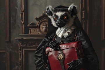Mythical Lemur Nurse in Gothic Attire Carrying a Medical Bag,Surreal Otherworldly Creature in Antique-Style Portrait