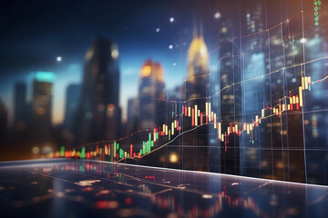 The screen displays stock market charts with buildings background - obrazy, fototapety, plakaty