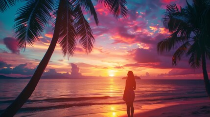 the essence of wanderlust with a woman admiring a stunning sunset over a tropical beach - obrazy, fototapety, plakaty