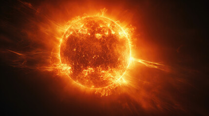 Bright orange and red sun solar flare particles corona mass ejections background on dark black. Sunray, sunlight, sunburst. - obrazy, fototapety, plakaty