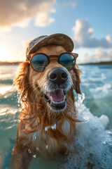 A dog wearing glasses and a hat is happily playing in the sea.