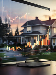 The transparent screen displays stock market charts with a blurry house background