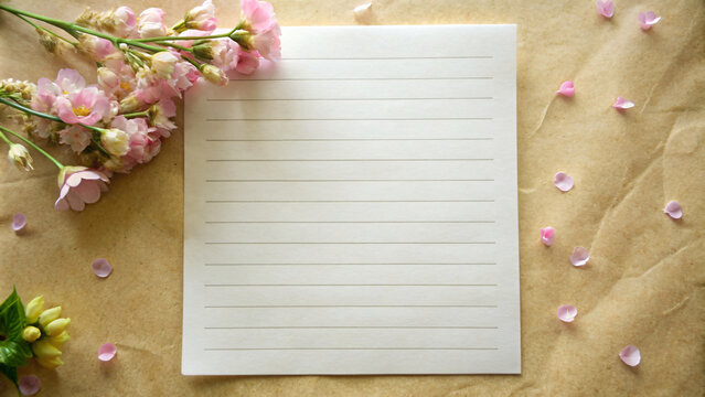Notebook with flowers on blank paper surrounded by wooden frame