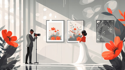 Elegant Wedding Photoshoot with Floral Accents in a Modern Gallery