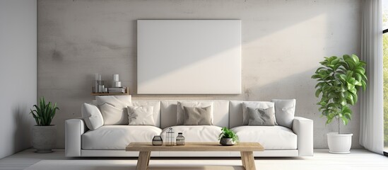 A white couch, coffee table, and picture on the wall brighten the living room. A plant adds greenery to the modern furniture - obrazy, fototapety, plakaty