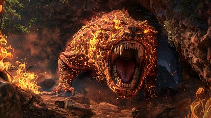 A fiery maw opens in a roar as the beast steps from the cave the very air warping in the heat of its terrifying presence - obrazy, fototapety, plakaty