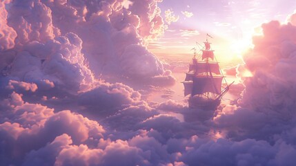 Fototapeta premium A pirate ship sailing through the clouds adventure beyond the seas and into the sky