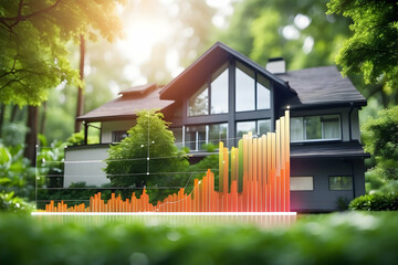 A house in lush greenery with financial graphs overlaying. Double exposure background for business and real estate concept. Real estate growth investment.