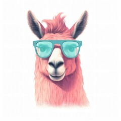 Fototapeta premium A watercolor llama with sunglasses quirky coolness portrayed on a white canvas