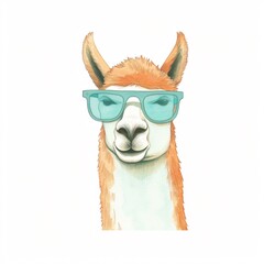 Fototapeta premium A watercolor llama with sunglasses quirky coolness portrayed on a white canvas