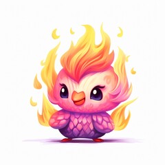 Fototapeta premium A watercolor phoenix chick amidst flames that morph into blooming flowers rebirth and beauty on a white canvas