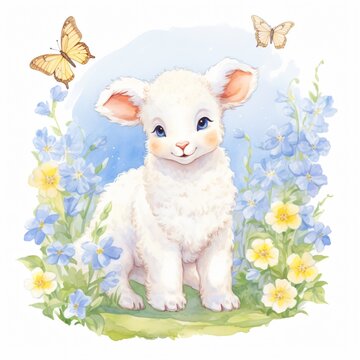 A watercolor lamb surrounded by butterflies a scene of gentle harmony on a white background