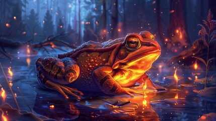 As the forest sleeps the fire frog awakens illuminating the night with its fiery aura