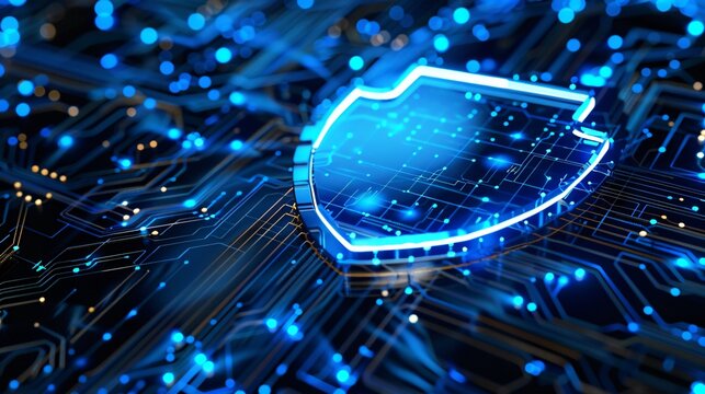 Amidst the flux of data a cybersecurity shield radiates in brilliant blue an awesome spectacle of safety in the virtual world