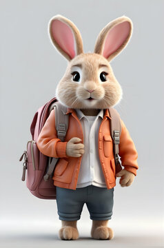 3d rendering of cute rabbit standing and carrying a bag